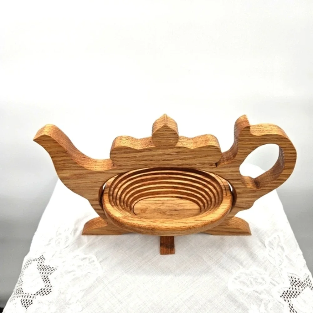 Handmade Oak Wood Teapot Folding Fruit Basket Collapsible Trivet‎ Kitchen Decor